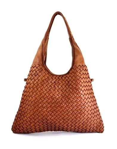 ITALIAN HAND-WOVEN VINTAGE-WASHED CALF LEATHER HOBO SHOULDER BAG - MADE IN ITALY