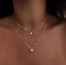 2Pcs Woman Necklace Heart CZ Pendant 18K Gold Plated Stainless Steel Chain Women