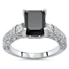 3.00Ct Emerald Cut Three Stone Black Diamond Engagement Ring 14k White Gold Over