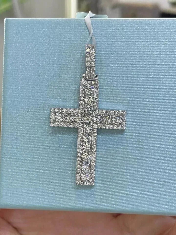 2.50 Ct Round Cut Real Moissanite Men's Cross Pendant 10k Solid White Gold - Image 2 of 3