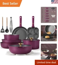 19-Piece Nonstick Cookware Set with Detachable Handle - Elegant Gold & Purple
