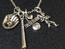 Baseball Glove Bat and Player Charm Tibetan Silver with 18" Necklace BIN
