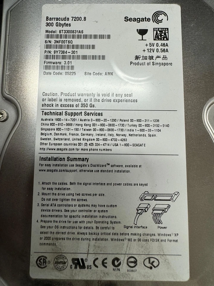 SEAGATE ST3300831AS 9Y7384-301 300GB Firmware 3.01 Date Code 05225 SATA 3.5" - Image 3 of 4