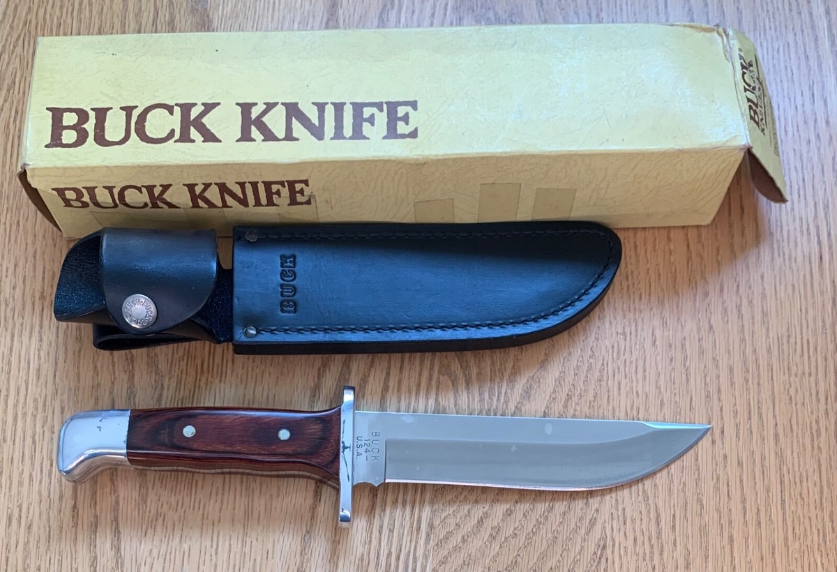 VINTAGE BUCK 124 ROSEWOOD FRONTIERSMAN KNIFE NEVER USED IN BOX N3 