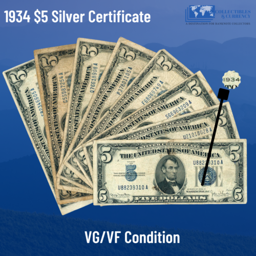 ✔ Un sigillo blu 1934 certificato argento $5 dollari, in f/VF, vecchia banconota da cinque dollari USA - Foto 1 di 2