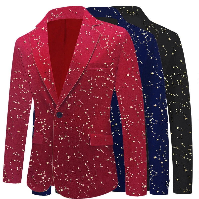 Homme Paillette Motif Étoile Velours Veste Costume Blazer Haut Soirée Bal  Mode