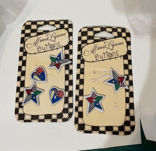 NEW VTG 1997 Alma Lynne Buttons Ceramic 6 Patchwork Star Heart 1" - Picture 2 of 5