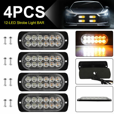 4X 12LED Strobe Lights Bar Emergency Flashing Warning Hazard Beacon Amber/White