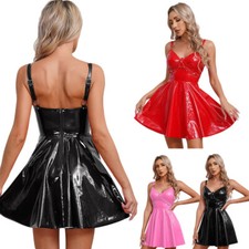 Damen Lack Leder A-Linie Kleid Wetlook Minikl...