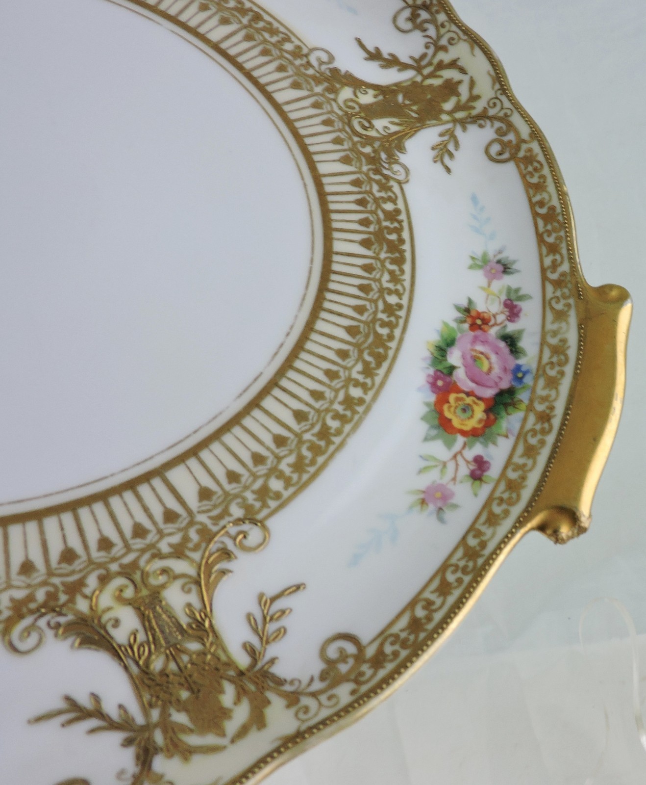 ANTIQUE HANDLED CAKE OR DECORATIVE PLATE RAISED GOLD SCROLL FLOWER BOUQUET