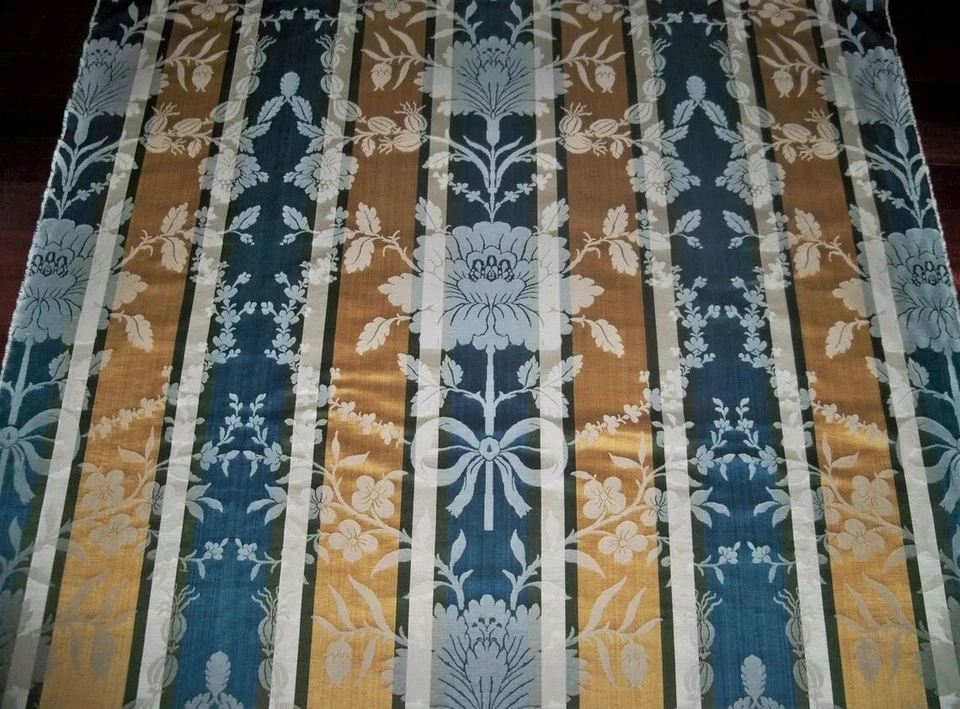 CLARENCE HOUSE LOTUS STRIPES SILK ANJOU DAMASK FABRIC 10 YARDS BLUE GOLD MULTI - Image 2 of 4
