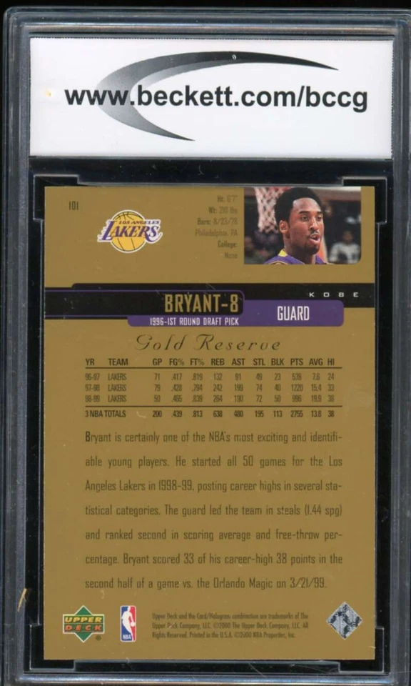 1999-00 Upper Deck Gold Reserve #101 Kobe Bryant Card BGS BCCG 10 Mint+ - Image 2 of 2