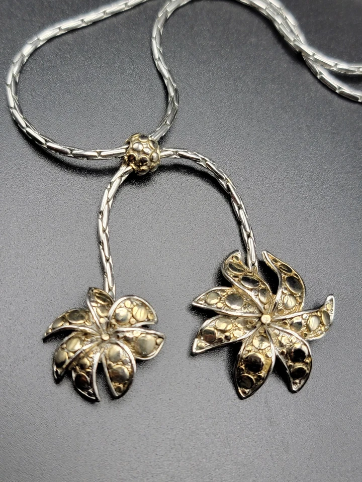 Collar de cadena de trigo ajustable de 20" con flores de punto tono dorado plateado amarillo Foto 4 de 4