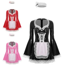Women Maid Dress Lace Trim Miniskirt Wet Look Skirt Cute Costume French Fancy