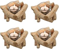 KerzenstäNder Holz 4Er Set Rustikal Teelichthalter Glas Windlicht Tischdeko