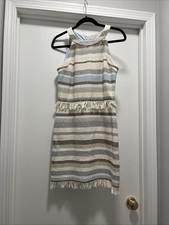 Tory Burch Size 6 Sleeveless Tweed Dress Cream Grey Sky Blue Striped Fringe Trim