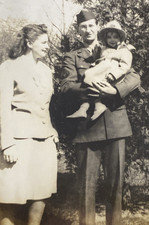 1940s WWII Military Man Father Holding Cute Little Girl Wife Real Photo P21a5