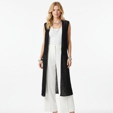 Chico  s Black Crochet Tie Front Sleeveless Sheer Duster Sweater Top 2 L