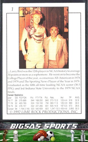 Larry Bird 1992 Lime Rock Larry Bird #1 Indiana State Sycamores - Foto 2 di 2