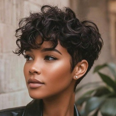 MOONSHOW Brown Pixie Cut Wig Short Curly Wigs for Black Women Dark Brown Hait...