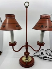 Antique Red & Black Tole Bouillotte Double Lamp Vtg Toleware Brass Accents Works