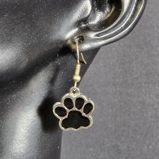 Paw Print Earrings Silver Tone Black Enamel Dangle Pet Lover Dog Mom Jewelry