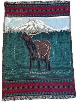 Cabincore Woven Tapestry Throw Blanket Deer Elk Woodland Scene Lodge Cabin Decor - Image 1 of 4