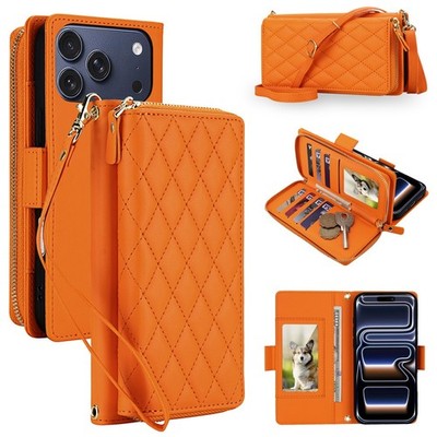 PU Leather Zipper Flip Crossbody Phones Case with Card Slots Holder Wrist Strap
