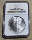 NGC MS69 GRADED 1990 DATE 1 OZ. FINE SILVER EAGLE $1 WALKING LIBERTY DOLLAR COIN