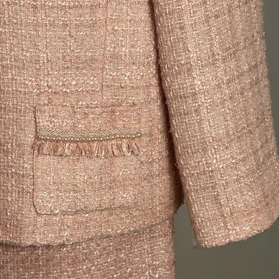 Traje Falda Tahari Arthur S Levine Tweed Rosa Talla 14 Perla Flecos Borde Brillante Foto 4 de 4