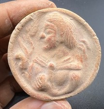 Roman Greek Era Rare Old Wonderful Queen Face Engraved Clay Terccotta Stamp Bead