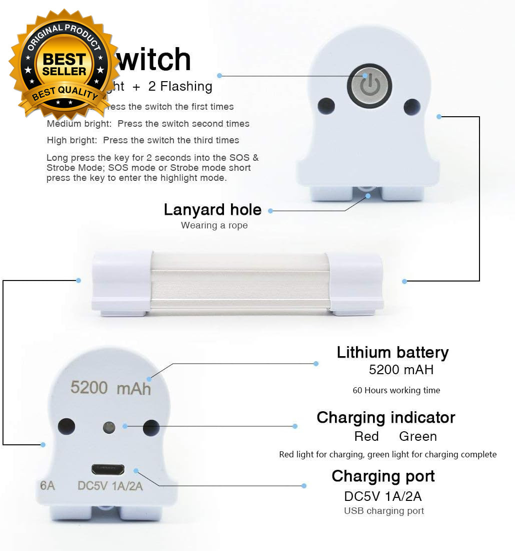 Rechargeable Light LED Tube Magnetic Light 4000Lumens 5200Mah 5 Levels Dimming