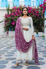 NEW BEAUTIFUL CHINNON SILK WHITE GOWN WITH BEAUTIFUL PURPLE DUPATTA FOR PARTY