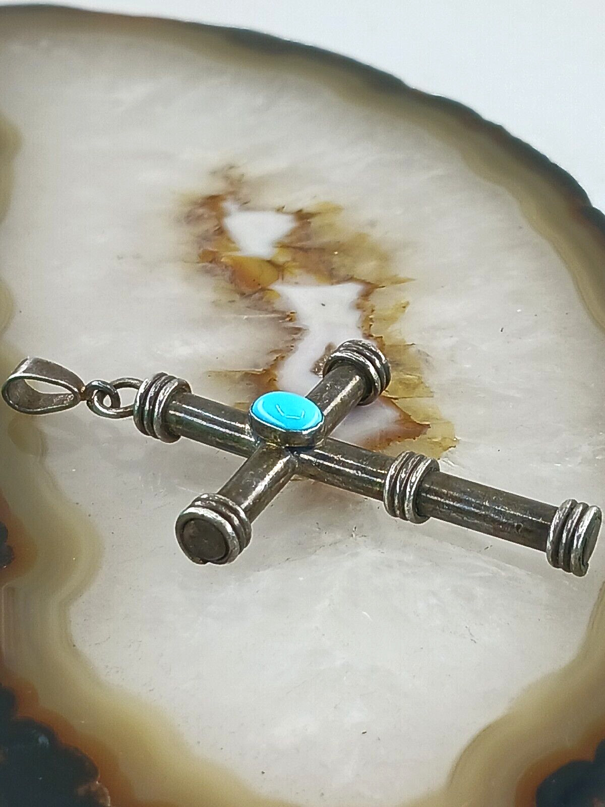 Signed RM Solid Sterling Silver Turquoise CROSS P… - image 4