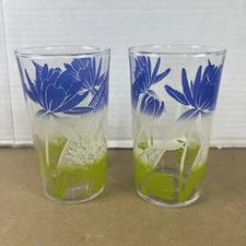 5" Drink Glasses Lot Of 2 Blue Flower Vintage Glass