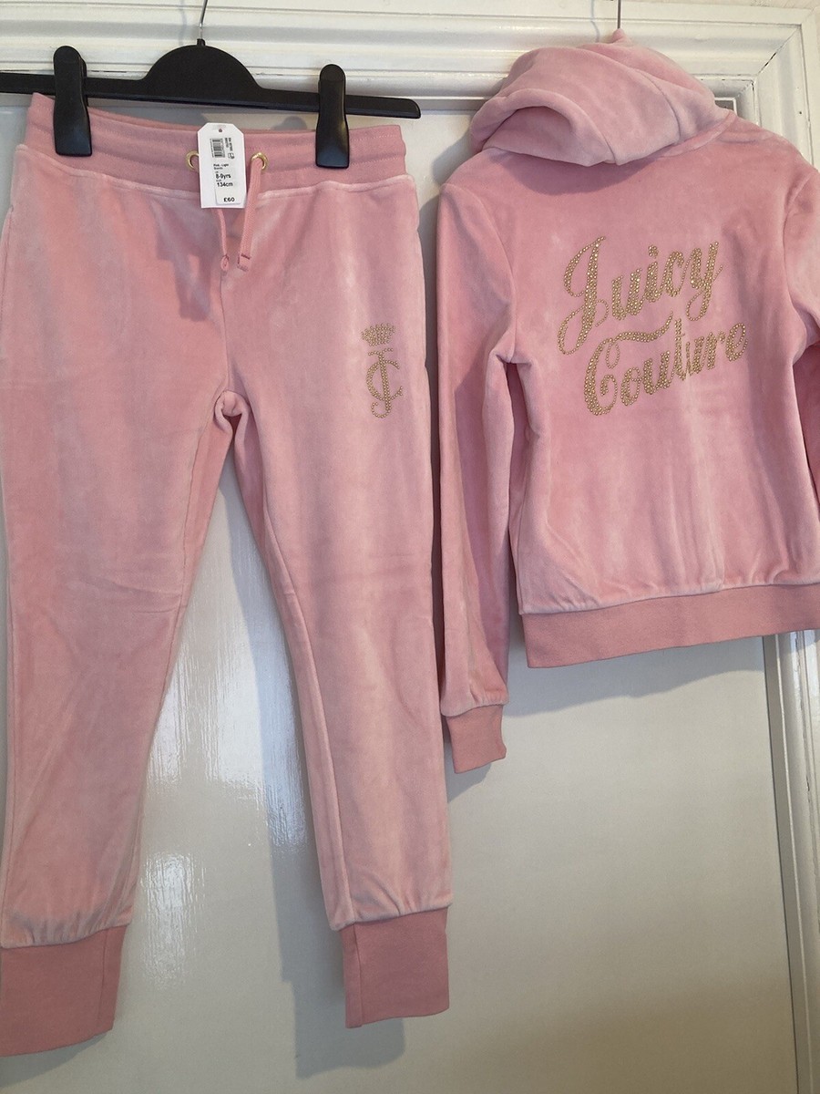 BNWT Girls Juicy Couture pink velour hoodie jogger set with gold