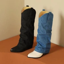 Women's Mid Heel Denim Jeans Fold Over Calf Boots Cuffed Knee High Shoes Cowgirl