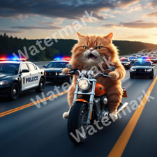 Rebel on the Run Yellow Cat Leads High-Speed Chase on a Motorcycle! AI Download