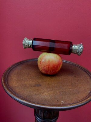 ANTIQUE Rarer Ruby Red glass double salt & scent perfume bottle C1880 Christmas