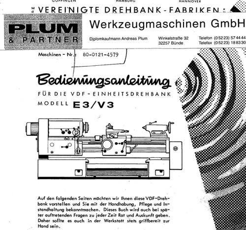 VDF Lathe Operating Instructions E3/V3 - Picture 1 of 1