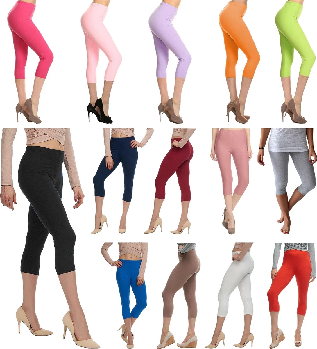 Ladies Cropped Three Quarter Length Leggings High Waist Jersey Gym