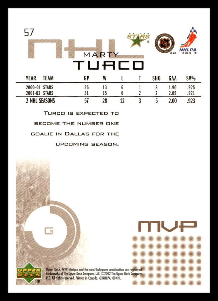 2002 Upper Deck MVP #57 Marty Turco   Dallas Stars - Image 2 of 2