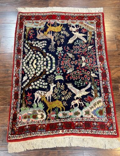 Small Oriental Rug 3x5 Animal Pictorials Tree of Life Handmade Vintage Dark Blue - Picture 1 of 12