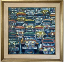 VINTAGE MODERN ABSTRACT OIL PAINTING OLD CAR BUS TRUCK AUTOMOBILE ART EMMANUEL