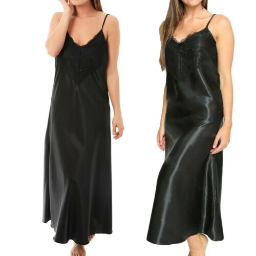 Damen Frauen langes Nachthemd Satin Spitze Nachthemd V-Ausschnitt Sling solide Dessous - Bild 2 von 14