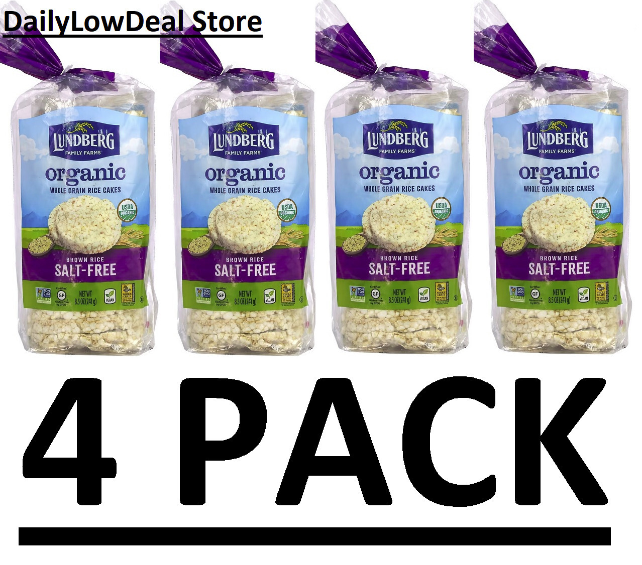 4 PACK Lundberg Farms Organic Brown Rice Cakes SaltFree 8.5 oz