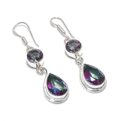 Mystic Topaz Gemstone Handmade 925 Starling Silver Jewelry Earring Size 2''