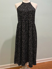Abound Halter Neck Black White Polka Dot Maxi Length Dress High Low Hem (SMALL)
