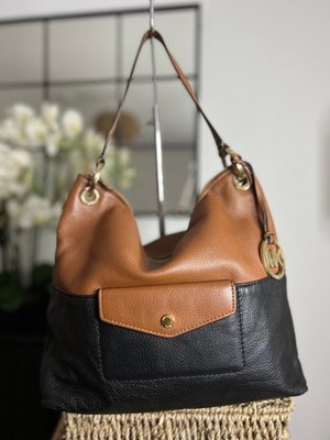 Michael Kors Schultertasche schwarz hellbraun Leder Hobo MK abnehmbare Handtasche