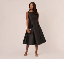 Adrianna Papell Black Mikado Fit & Flare Midi Dress Size 16 Cocktail Formal $269